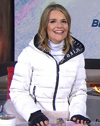 Savannah's white turtleneck sweater and puffer jacket on Today