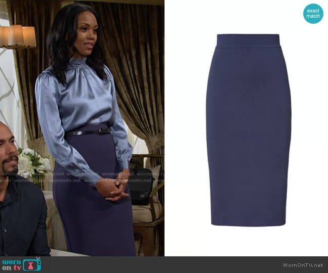 Scanlan Theodore Crepe Knit Slit Back Skirt in Slate worn by Amanda Sinclair (Mishael Morgan) on The Young and the Restless