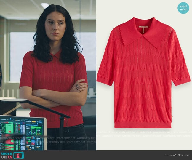 Short-sleeved scalloped collar knit by Scotch and Soda worn by Eva Victor (Rian) on Billions