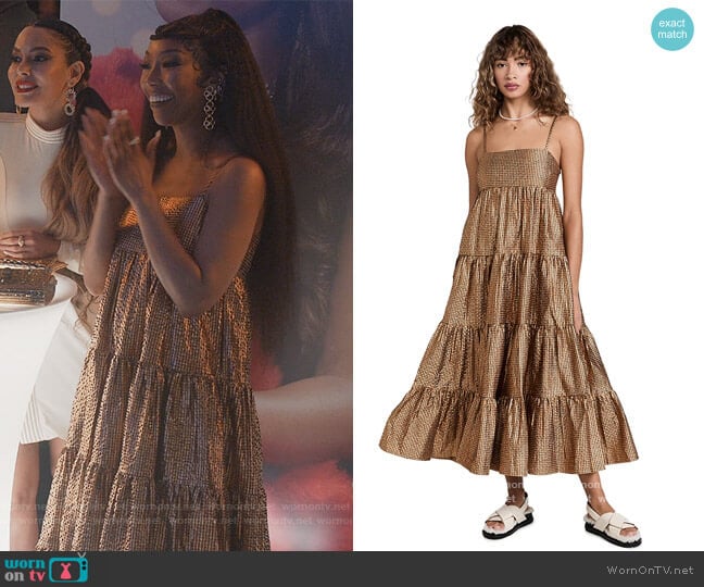 Metallic Seersucker Pinafore Maxi Dress by Scotch & Soda worn by Naomi (Brandy Norwood) on Queens