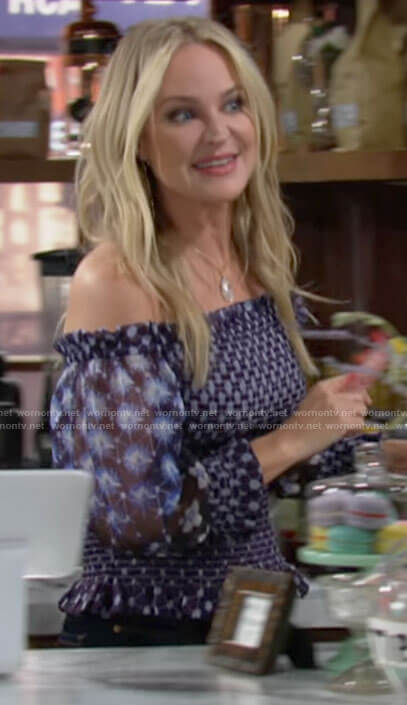 Sharon's blue mixed print off-shoulder smocked top on The Young and the Restless