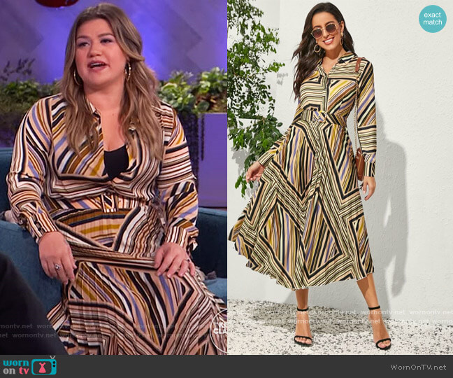 Multi-stripe Belted Shirt Dress by Shein worn by Kelly Clarkson on The Kelly Clarkson Show