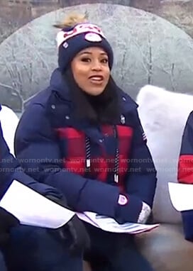 Sheinelle’s navy and red check puffer jacket on Today