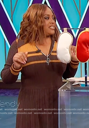 Sherri Shepherd's brown stripe ribbed zip sweater on The Wendy Williams Show