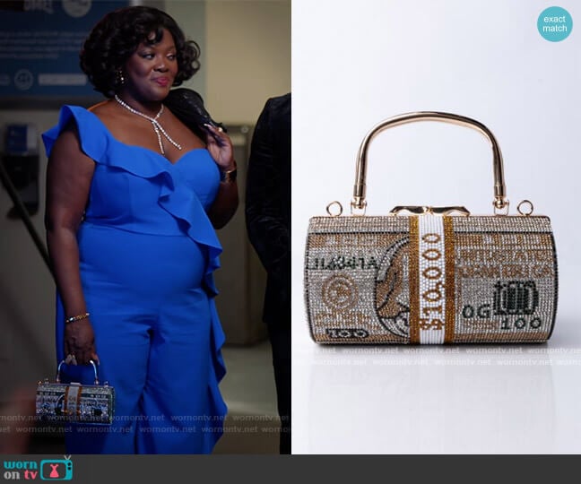 Rolls on Rolls Rhinestoned Money Clutch by Shop Akira worn by Yvette King (Heather Alicia Simms) on The Kings of Napa