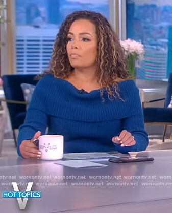 Sunny’s blue ribbed off shoulder sweater on The View