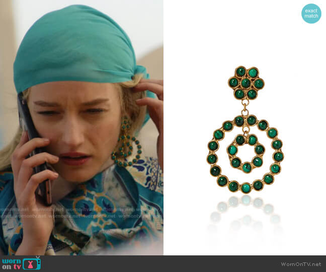 Sylvia Toledano Flowers Candies 22K Goldplated Malachite Drop Earrings worn by Anna Delvey (Julia Garner) on Inventing Anna
