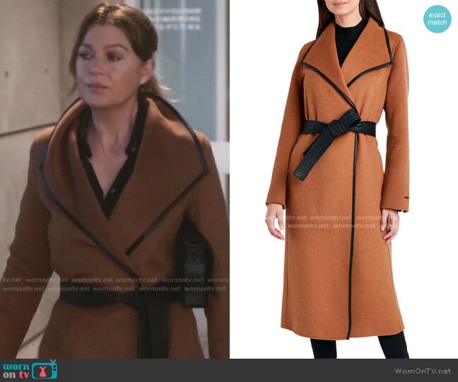 Faux-Leather-Trim Belted Wrap Coat by Tahari worn by Meredith Grey (Ellen Pompeo) on Greys Anatomy