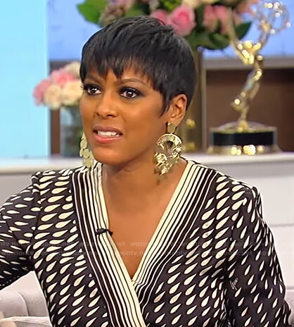 Tamron’s black teardrop print wrap dress on Tamron Hall Show