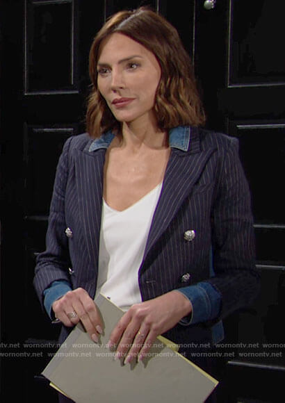 Taylor's pinstriped blazer with denim details on The Bold and the Beautiful
