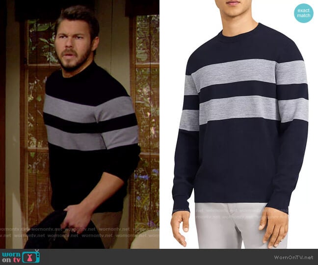 Theory Arnauld Striped Crewneck Merino Sweater in Baltic/Cool Heather Gray worn by Liam Spencer (Scott Clifton) on The Bold and the Beautiful