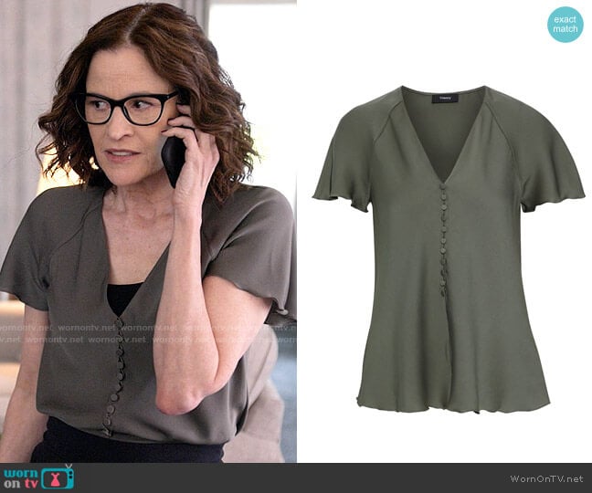 Theory Ruffle-trimmed silk-blend crepe de chine top worn by Carol (Ally Sheedy) on Single Drunk Female