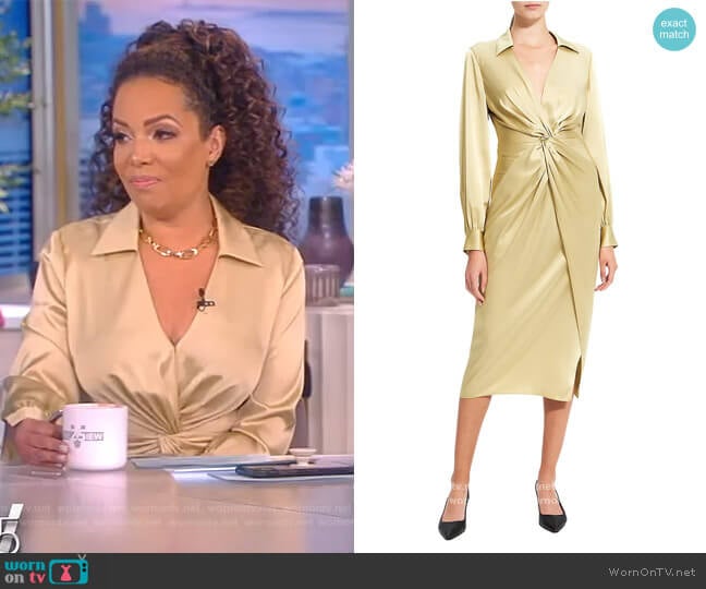 Ruched satin midi dress by Theory worn by Sunny Hostin on The View