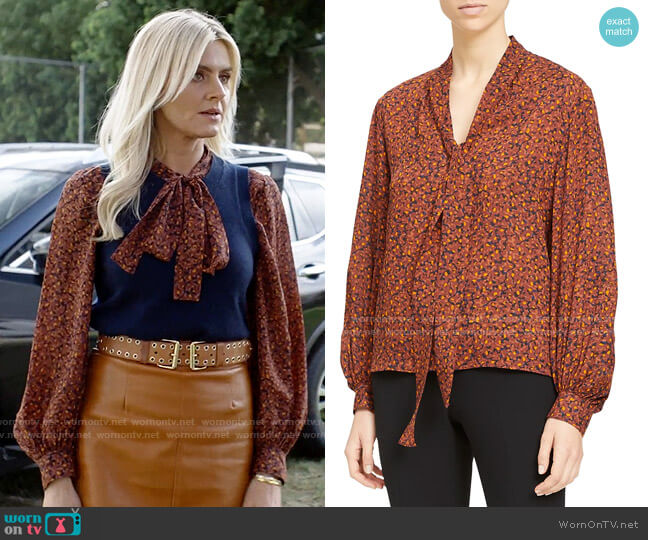 Theory Printed Tie Neck Silk Top worn by Amy (Eliza Coupe) on Pivoting