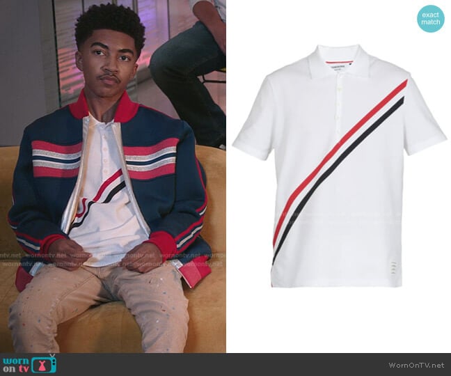 Diagonally-Striped Cotton Polo Shirt by Thom Browne worn by Jack Johnson (Miles Brown) on Black-ish