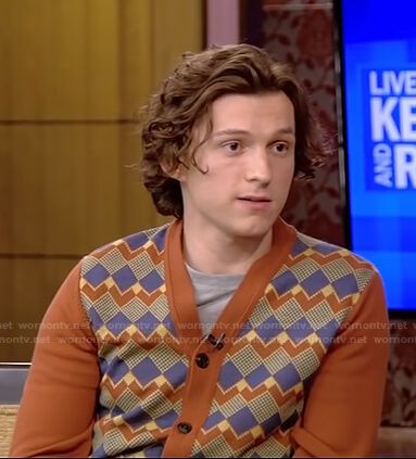 Tom Holland’s brown geometric print cardigan on Live with Kelly and Ryan