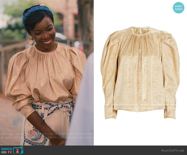 Ivy Gilded Balloon Sleeve Blouse by Ulla Johnson worn by Helen Decatur (Heather Headley) on Sweet Magnolias