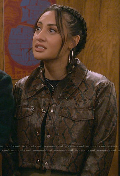 Valentina's brown snake print leather jacket on How I Met Your Father