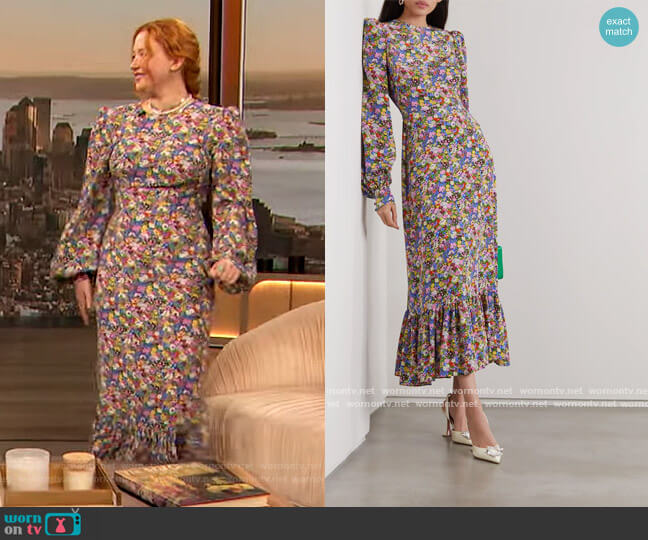 The Villanelle ruffled floral-print crepe midi dress by The Vampires Wife worn by Haley Bennett on The Drew Barrymore Show