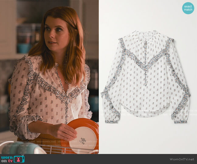 Abra ruffled floral-print cotton-voile blouse by Veronica Beard worn by Maddie Townsend (JoAnna Garcia Swisher) on Sweet Magnolias