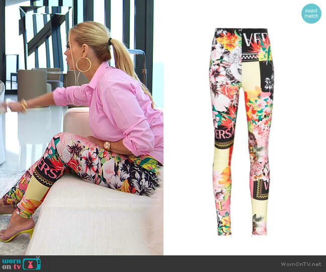 Floral Print Logo Leggings In A7000 by Versace worn by Alexia Echevarria  on The Real Housewives of Miami