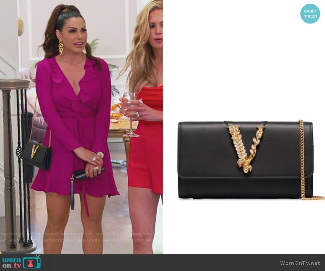 Virtus crystal embellished clutch bag by Versace worn by Jennifer Aydin on The Real Housewives of New Jersey