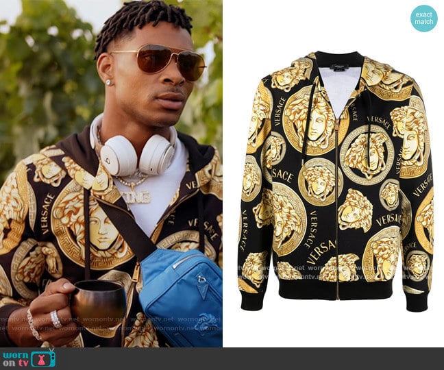 Medusa head printed hoodie by Versace worn by Christian King (Ashlee Brian) on The Kings of Napa