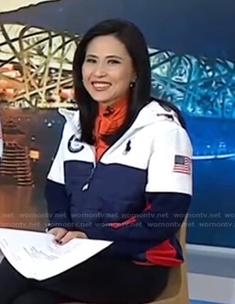 Vicky’s orange tie neck blouse and colorblock puffer jacket on Today