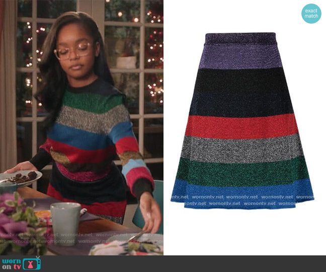 Lurex Striped Mini Skirt by Victoria Beckham worn by Diane Johnson (Marsai Martin) on Black-ish