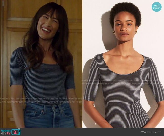 Vince Micro Stripe Elbow Sleeve Scoop Neck worn by Sarah (Maggie Q) on Pivoting