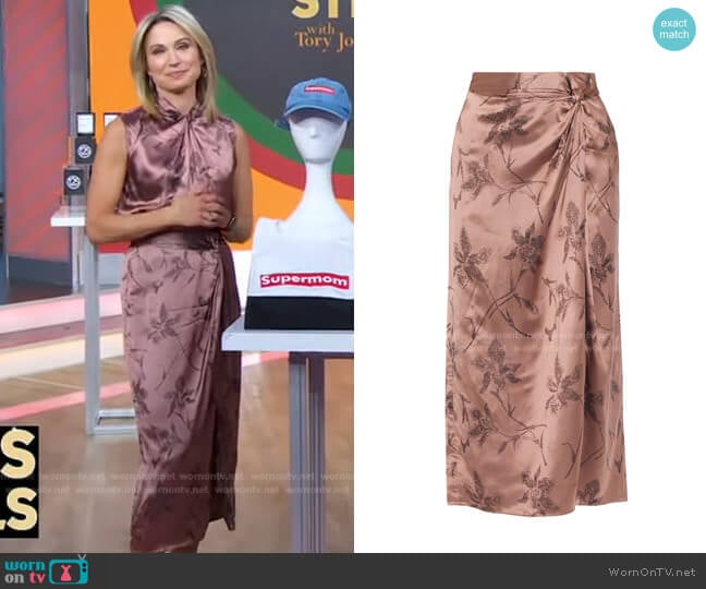 Twist-Front Satin-Jacquard Midi Skirt by Vince worn by Amy Robach on Good Morning America