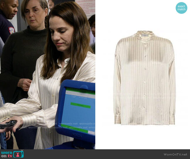 Vince  PJ Stripe Silk Blouse worn by Vivian Kent (Anna Chlumsky) on Inventing Anna