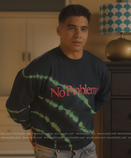 Vivek's black Noproblemo tie dye sweatshirt on Grown-ish