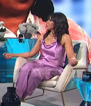 Wendy Raquel Robinson’s lilac cowl neck cami and pants on E! News Daily Pop