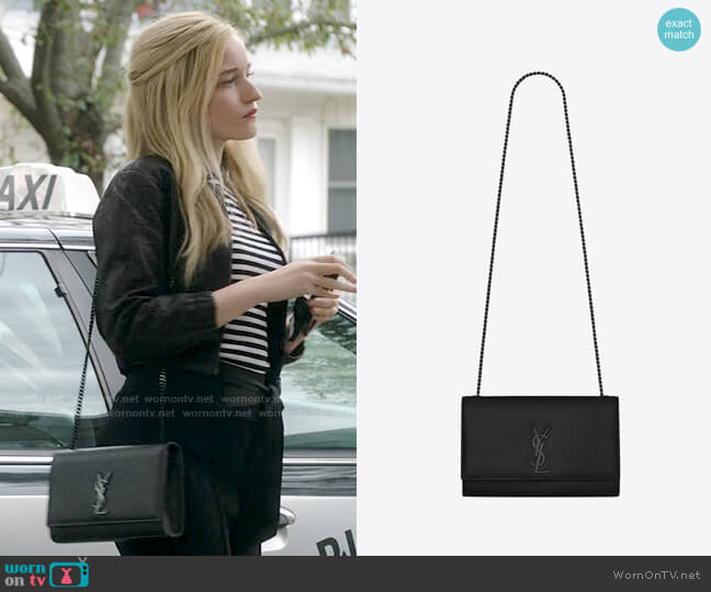 YSL Kate medium chain bag in grain de poudre embossed leather worn by Anna Delvey (Julia Garner) on Inventing Anna