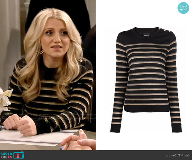 Gina’s black and gold striped sweater on B Positive