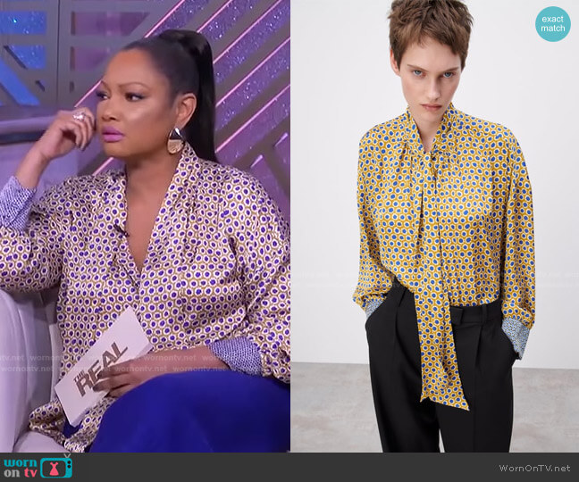 Printed Shirt with Tie by Zara worn by Garcelle Beauvais on The Real