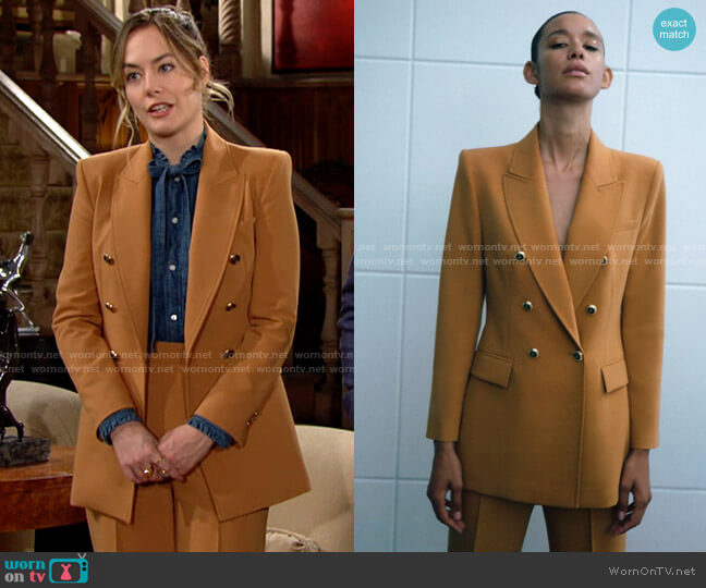 Zara Double Breasted Long Blazer in Dark Camel worn by Hope Logan (Annika Noelle) on The Bold and the Beautiful