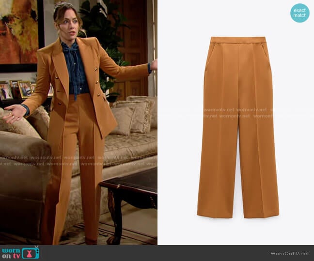 Zara High Waisted Wide Leg Pants in Dark Camel worn by Hope Logan (Annika Noelle) on The Bold and the Beautiful