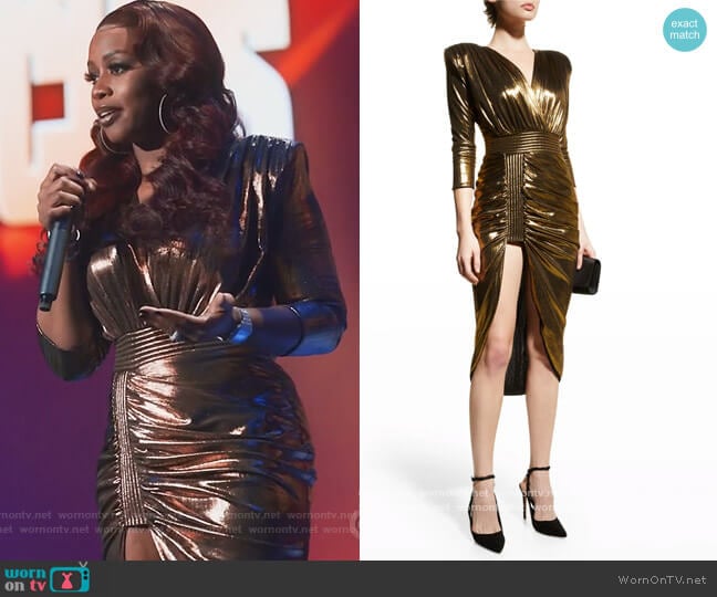 Zaddie’s gold metallic wrap dress on Queens