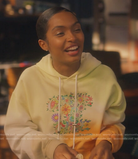Zoey's printed colorblock hoodie on Grown-ish