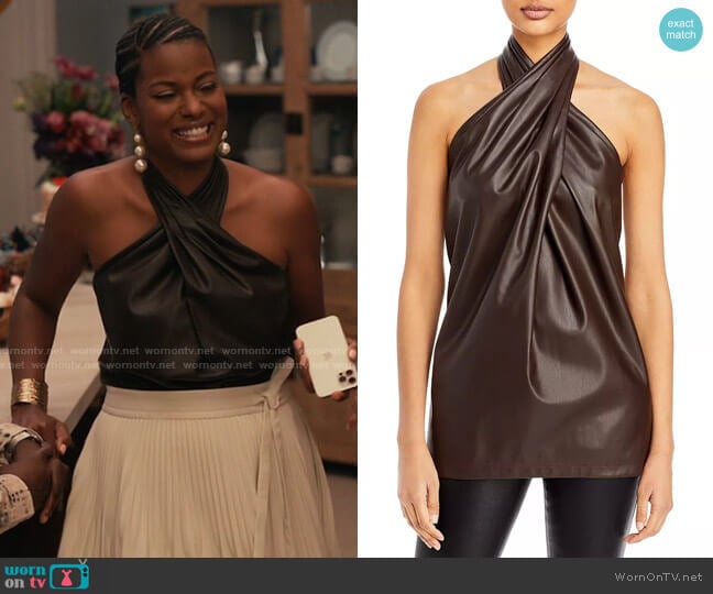 3.1 Phillip Lim Vegan Leather Cross Front Halter Top worn by Vivian Banks (Cassandra Freeman) on Bel-Air