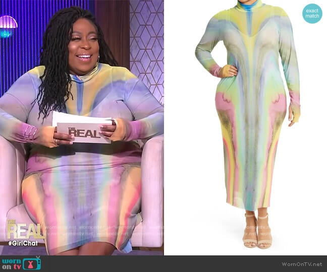 Shailene Long Sleeve Mesh Midi Dress by AFRM worn by Loni Love on The Real