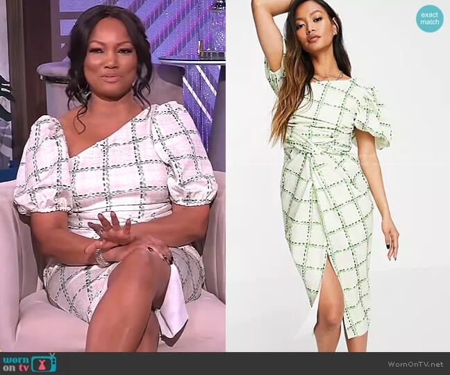 Asymmetric Puff Sleeve Knot Tuck Midi Dress in check print by Asos worn by Garcelle Beauvais on The Real