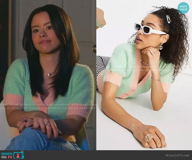 Fluffy Cardigan in Color Block by Asos worn by Mariana Foster (Cierra Ramirez) on Good Trouble