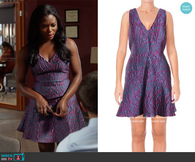 Jacquard Cocktain Dress by Aidan Mattox worn by August King (Ebonee Noel) on The Kings of Napa