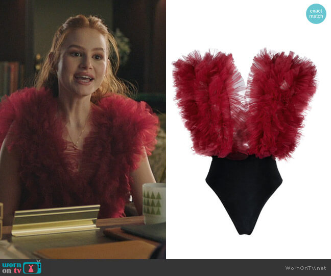 Ruffled Sleeveless Bodysuit by Alchemy worn by Cheryl Blossom (Madelaine Petsch) on Riverdale