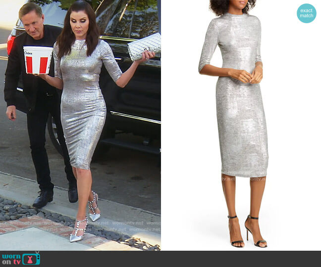 Delora Metallic Midi Sheath Dress by Alice + Olivia worn by Heather Dubrow on The Real Housewives of Orange County