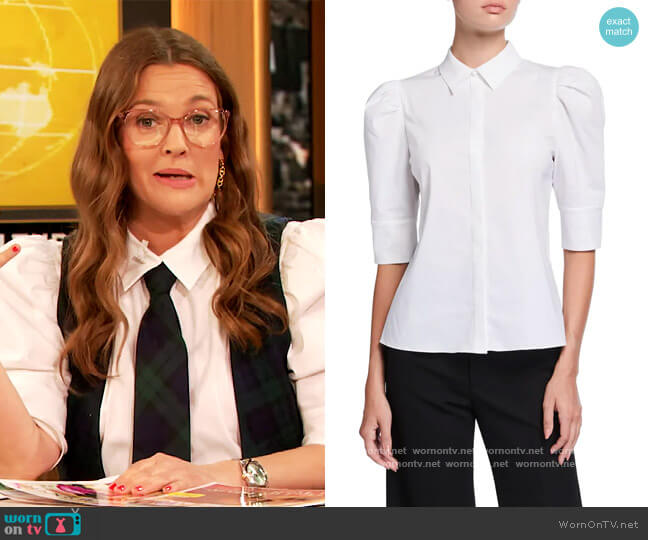 Willa Scrunched Puff-Sleeve Placket Top by Alice and Olivia worn by Drew Barrymore on The Drew Barrymore Show