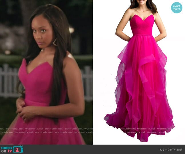 Strapless Cascading Tulle Ball Gown by Basix worn by Olivia Lockhart (Katlyn Nichol) on Black-ish